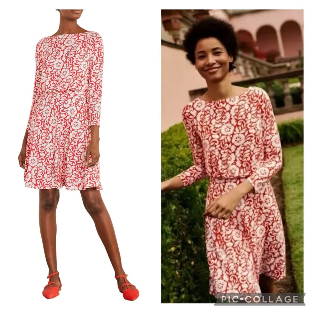 EUC Boden Nellie Long Sleeve Jersey Dress - Cherry Red/Hibiscus Floral